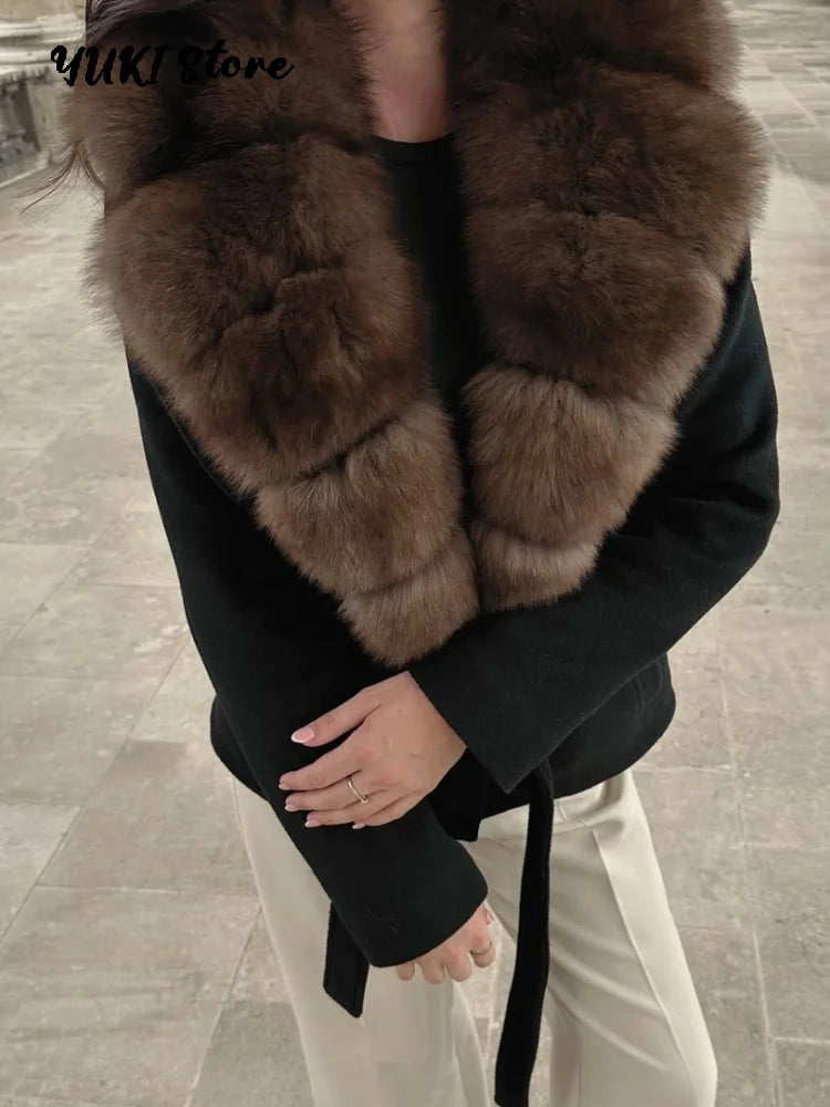 Warm Faux Fur Patchwork Belt Coats Women Lapel Full Sleeve Lace Up Black Jackets 2026 Winter Lady Fashion Street Outwears