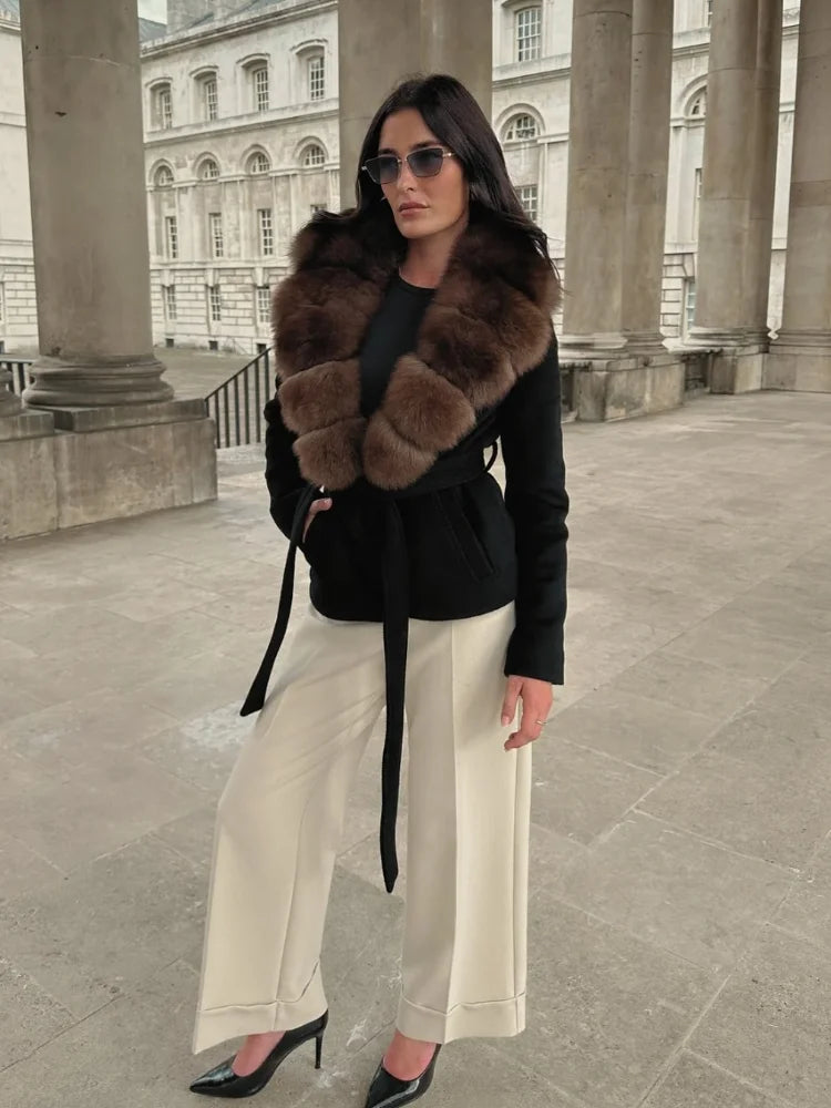 Warm Faux Fur Patchwork Belt Coats Women Lapel Full Sleeve Lace Up Black Jackets 2026 Winter Lady Fashion Street Outwears