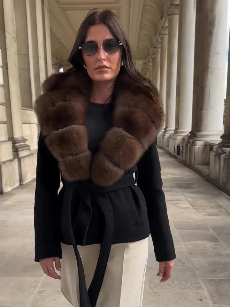 Warm Faux Fur Patchwork Belt Coats Women Lapel Full Sleeve Lace Up Black Jackets 2026 Winter Lady Fashion Street Outwears