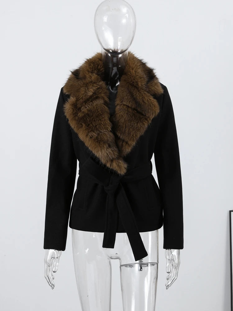 Warm Faux Fur Patchwork Belt Coats Women Lapel Full Sleeve Lace Up Black Jackets 2026 Winter Lady Fashion Street Outwears