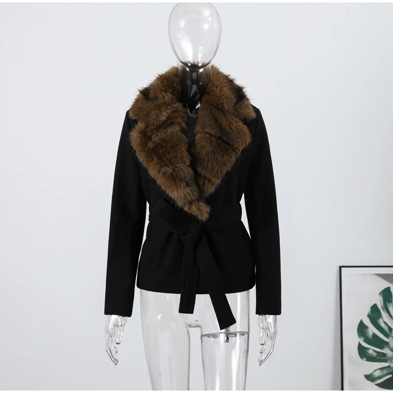 Warm Faux Fur Patchwork Belt Coats Women Lapel Full Sleeve Lace Up Black Jackets 2026 Winter Lady Fashion Street Outwears