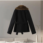 Warm Faux Fur Patchwork Belt Coats Women Lapel Full Sleeve Lace Up Black Jackets 2026 Winter Lady Fashion Street Outwears