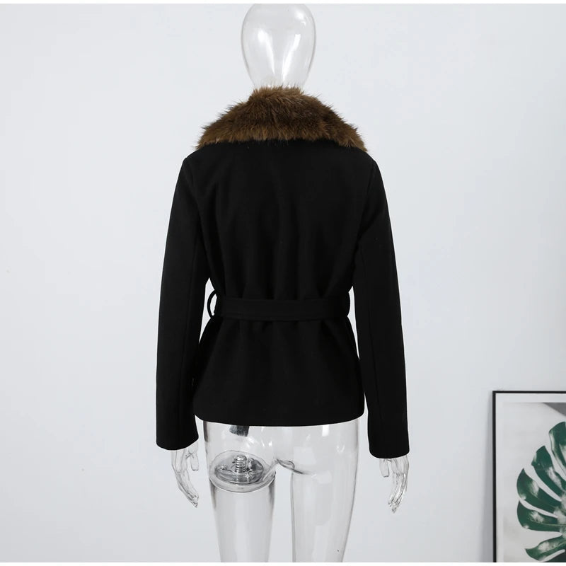 Warm Faux Fur Patchwork Belt Coats Women Lapel Full Sleeve Lace Up Black Jackets 2026 Winter Lady Fashion Street Outwears