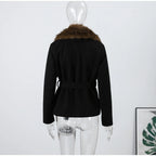 Warm Faux Fur Patchwork Belt Coats Women Lapel Full Sleeve Lace Up Black Jackets 2026 Winter Lady Fashion Street Outwears