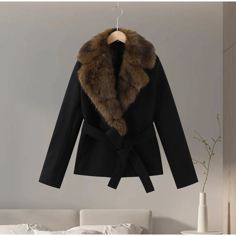 Warm Faux Fur Patchwork Belt Coats Women Lapel Full Sleeve Lace Up Black Jackets 2026 Winter Lady Fashion Street Outwears