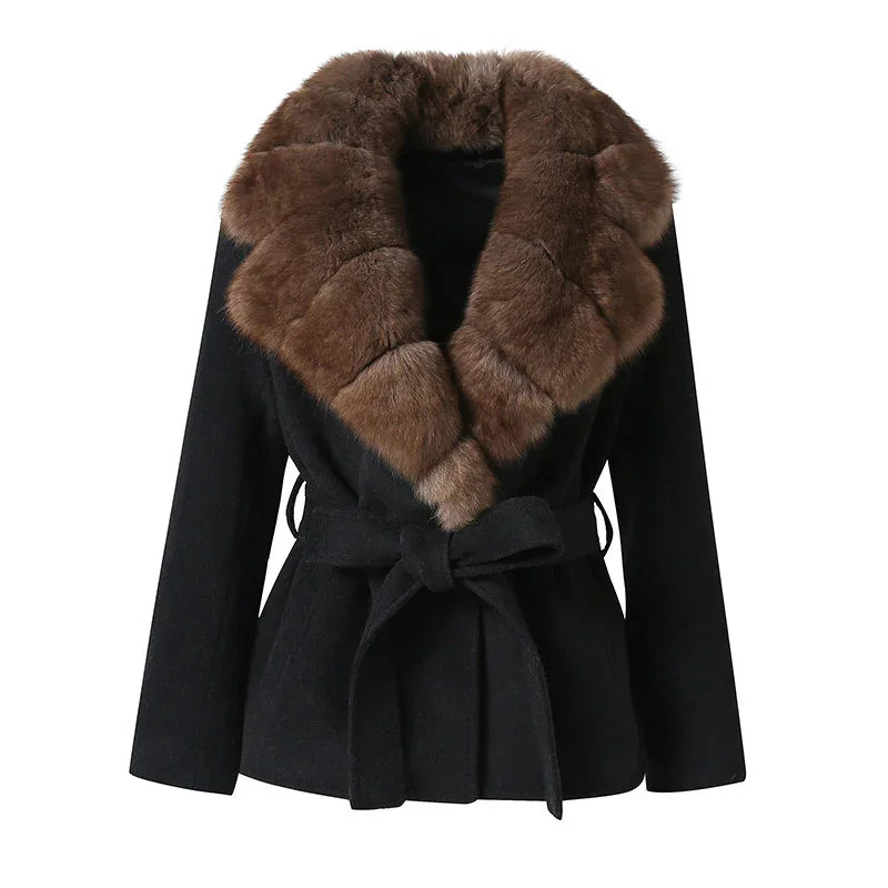 Warm Faux Fur Patchwork Belt Coats Women Lapel Full Sleeve Lace Up Black Jackets 2026 Winter Lady Fashion Street Outwears
