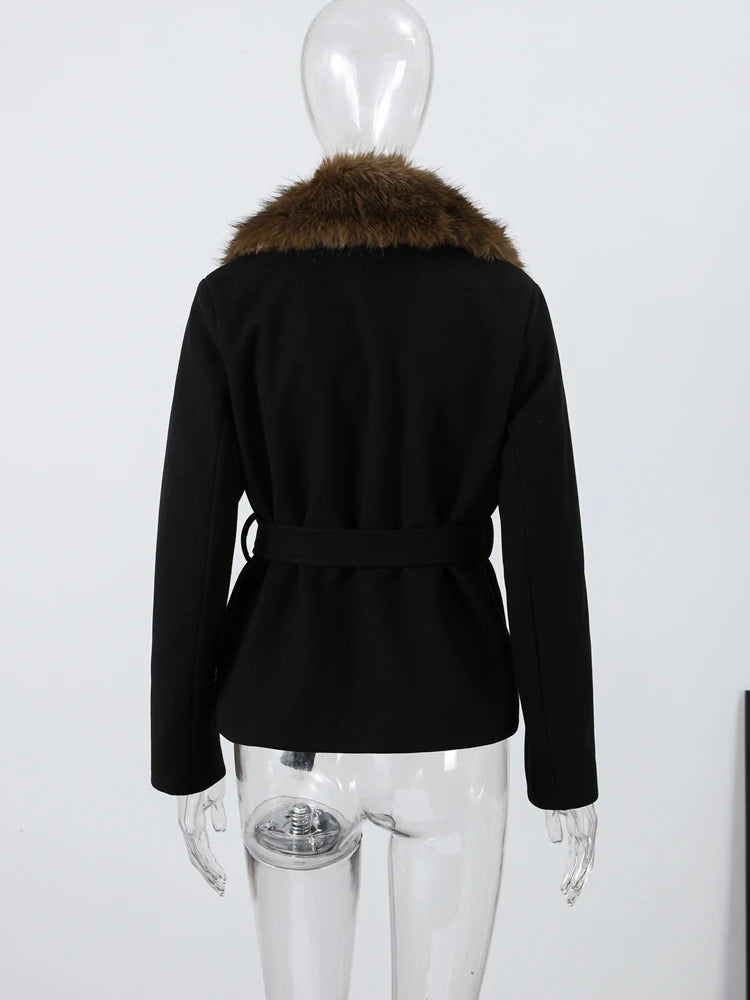Warm Faux Fur Patchwork Belt Coats Women Lapel Full Sleeve Lace Up Black Jackets 2026 Winter Lady Fashion Street Outwears